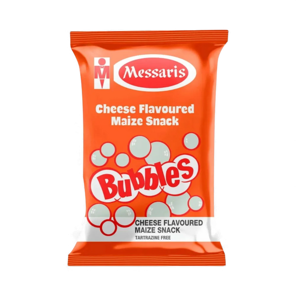 Messaris Bubbles Chips cheese flavored maize snack 100g orange packaging tartrazine free