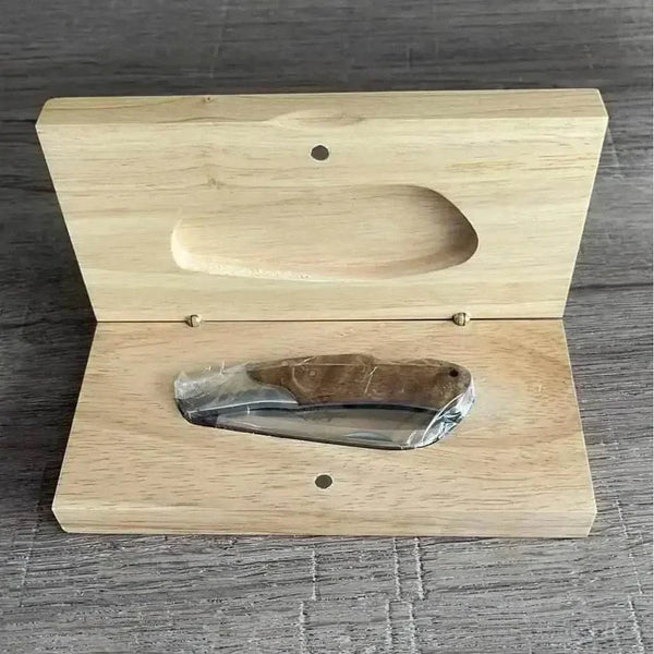 Buffalo River Biltong Tjom Knife with sharp curved stainless steel blade and sturdy laminate wood handle for slicing biltong