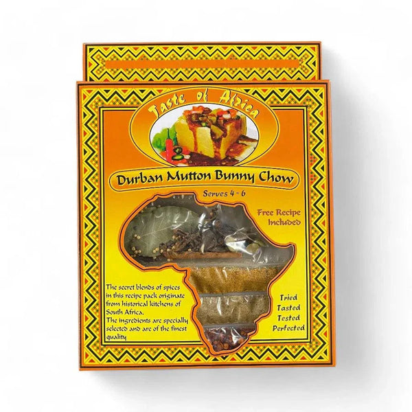Taste of Africa Durban Mutton Bunny Chow spice mix package with vibrant African-themed design for authentic South African dish preparation.