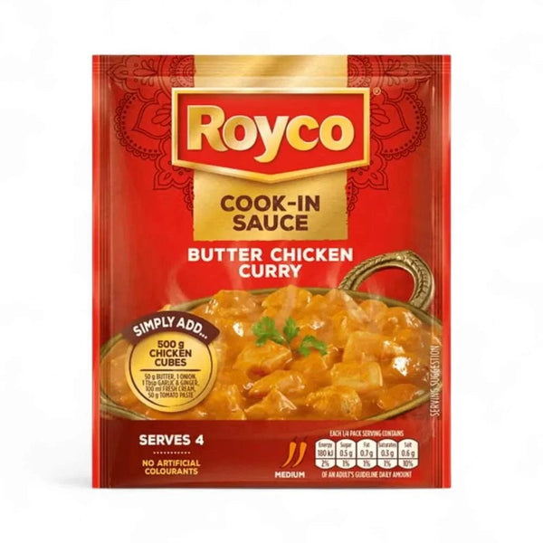 Royco Butter Chicken Curry Cook-in-Sauce 50g sachet for family meals, creamy tomato-based with mild spices and no artificial colors