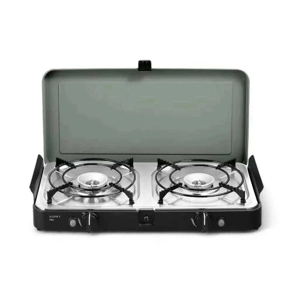 CADAC 2 Cook 3 Pro portable dual burner gas barbecue with flat and ribbed cooking plates for versatile outdoor cooking