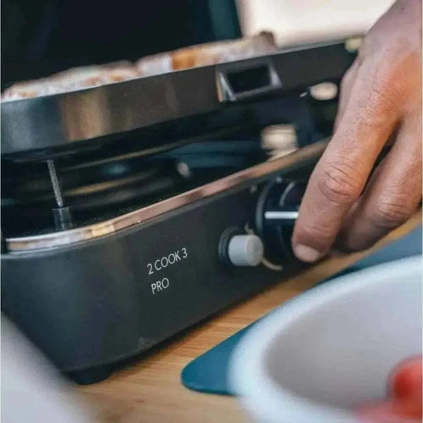 CADAC 2 Cook 3 Pro lightweight dual burner portable gas barbecue grill with flat and ribbed plates for outdoor cooking