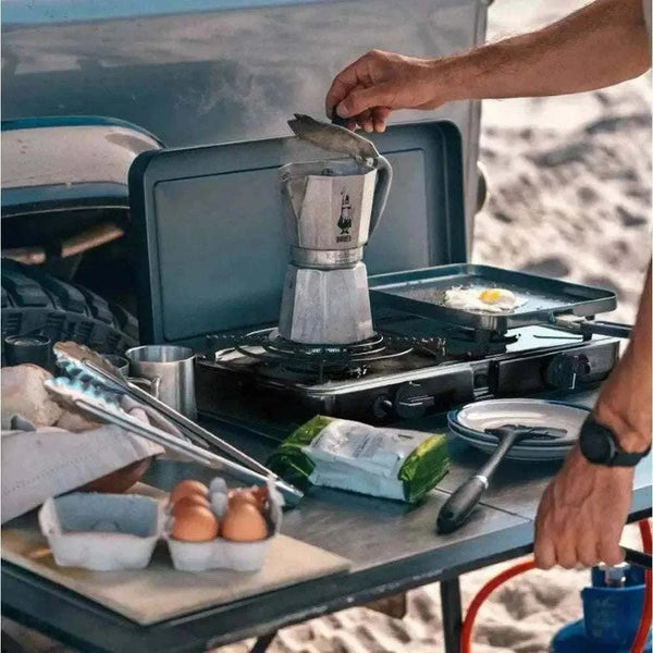 CADAC 2 Cook 3 Pro portable dual burner gas barbecue with flat and ribbed plates for outdoor cooking