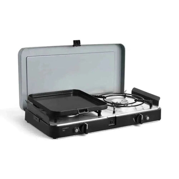 CADAC 2 Cook 3 Pro portable dual-burner outdoor gas barbecue with flat and ribbed GreenGrill plates for versatile cooking