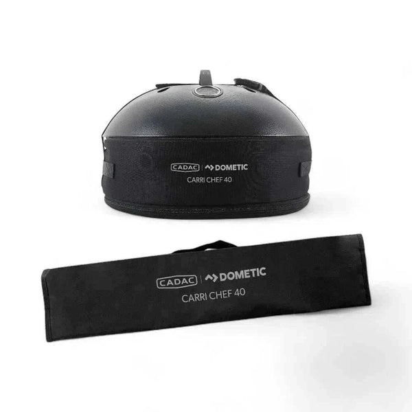 Portable CADAC Carri Chef 40 gas BBQ with dome and carry bag for outdoor cooking.