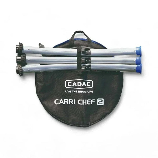 CADAC Carri Chef 50 BBQ set in carry bag with collapsible legs, ideal for portable gas BBQ cooking.