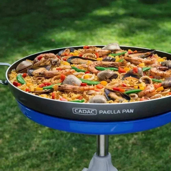 CADAC Skottel Braai paella pan with GreenGrill ceramic coating and stainless steel handles on gas BBQ