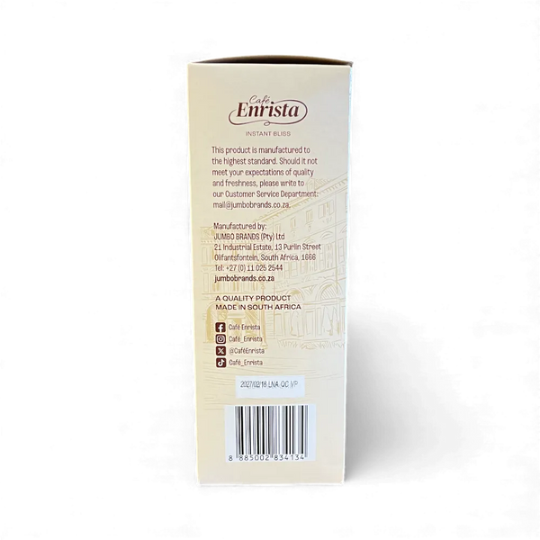 Cafe Enrista Coffee 3-in-1 Strong 500g box with product details and barcode, made in South Africa