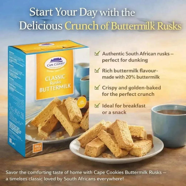 Cape Cookies Buttermilk Rusks 500g package showing crispy golden-baked South African rusks made with 20% real buttermilk ideal for breakfast or snack