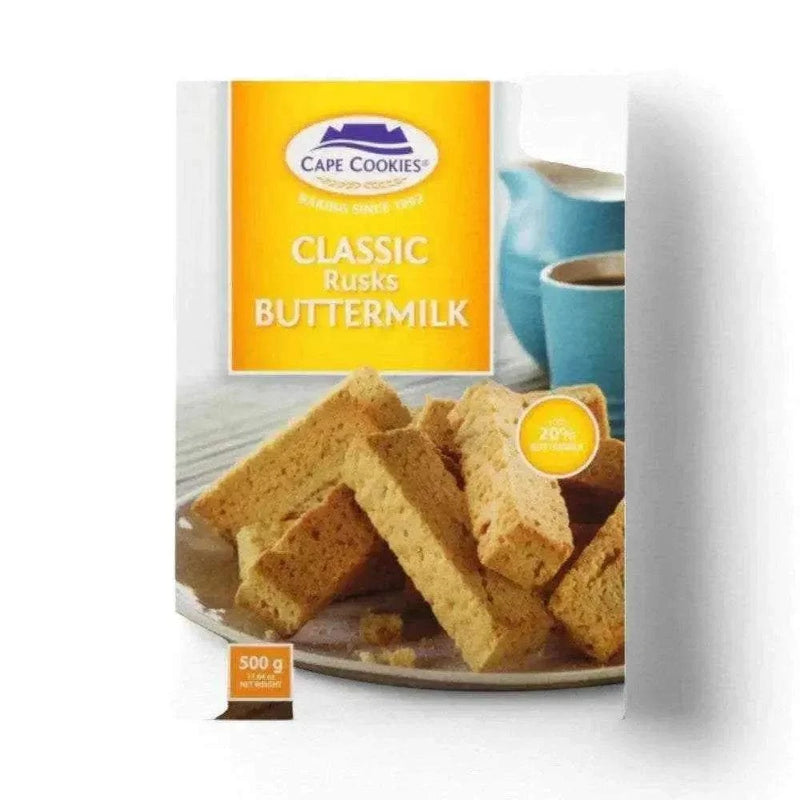 Cape Cookies Buttermilk Rusks 500g package with golden, crispy South African rusks made with 20% real buttermilk