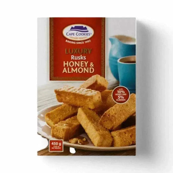 Cape Cookies Rusks Honey & Almond 450g pack with honey and almonds, crispy South African rusks ideal for tea or coffee