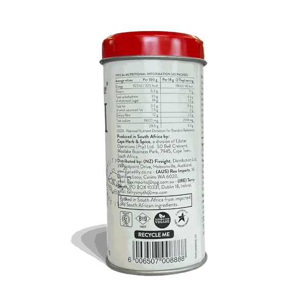 Cape Herb & Spice Chilli Crunch Seasoning 75g tin back view with nutritional info and ingredients, chilli seasoning jar