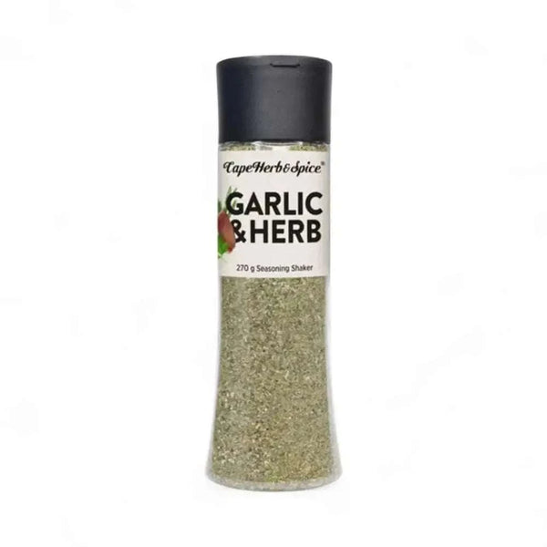Cape Herb & Spice Garlic & Herb Shaker 275g bottle with seasoning blend for cooking meat, fish, and vegetables.