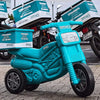 Teal plastic motorbike with helmet for kids, featuring Checkers Sixty60 branding and delivery box.