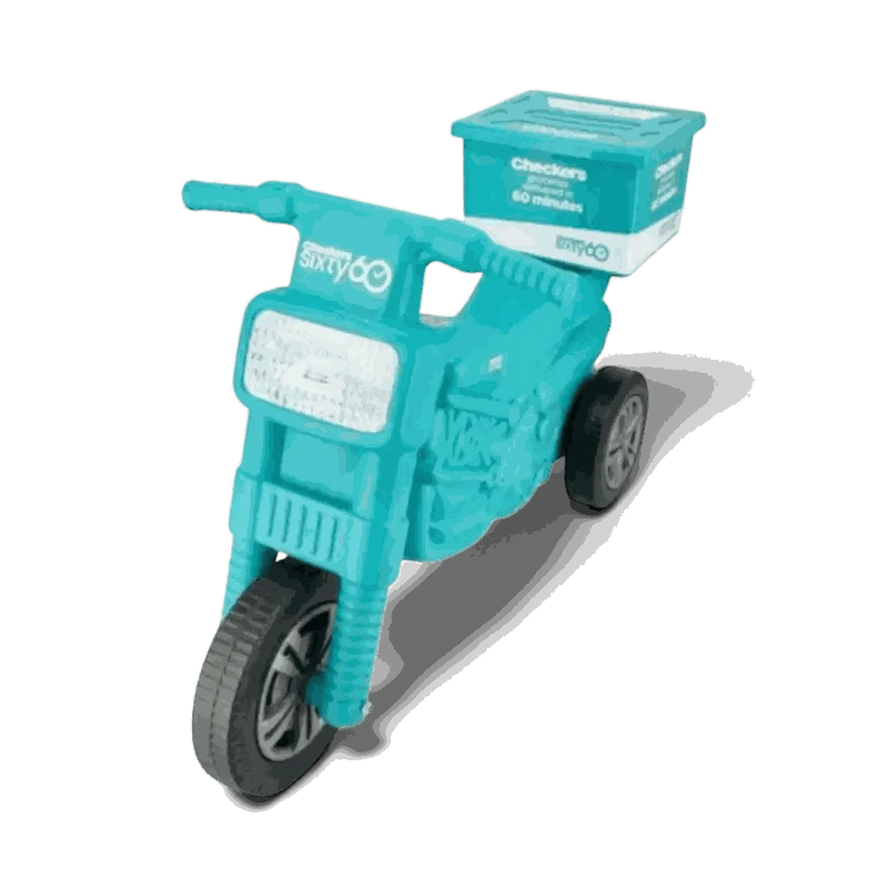 Checkers Sixty60 teal ride-on motorbike with three wheels and rear delivery box