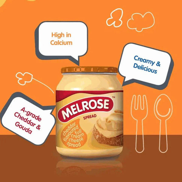 Melrose Cheese Spread - Cheddar 400g jar with high calcium, creamy texture, A-grade Cheddar and Gouda description.