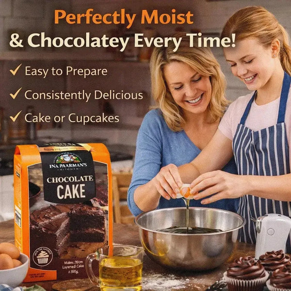 Ina Paarman’s 650g Chocolate Cake Mix box with rich chocolate flavor, moist texture, and versatile baking options