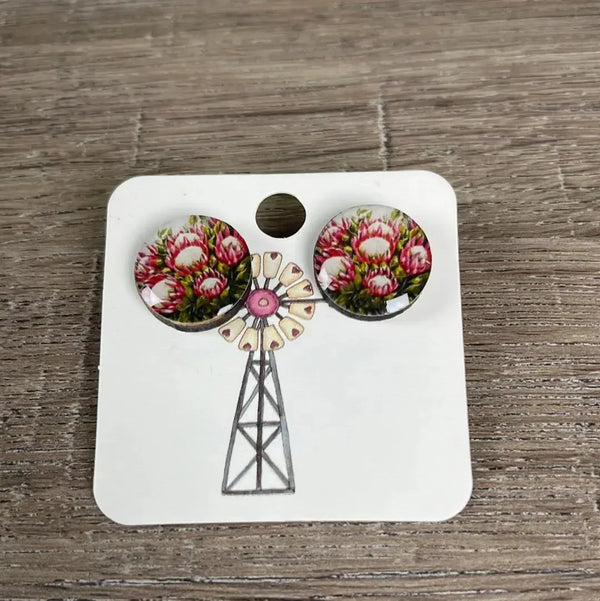 Stud Earrings - Circle Four Open Pink Proteas - Something From Home - South African Shop