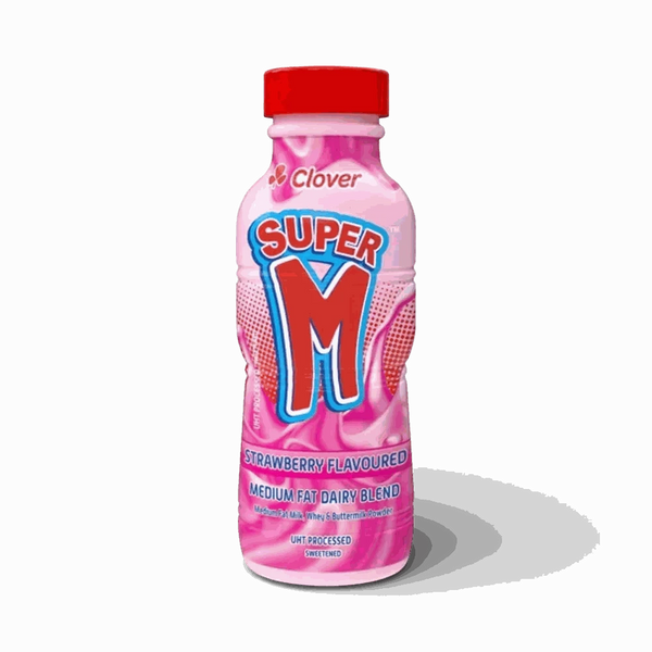 Clover Super M Strawberry flavoured milk 300ml front bottle