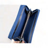 Open Cotton Road Large Wallet showing two zip compartments in navy PU leather interior