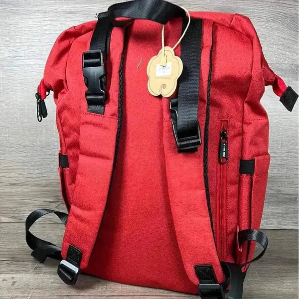 Deep red Cotton Road nappy bag backpack with front zip and side bottle pockets