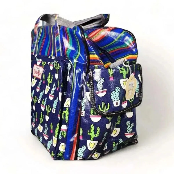 Cotton Road Nappy Bag Navy Blue with cactus and stripes, multiple compartments, long strap