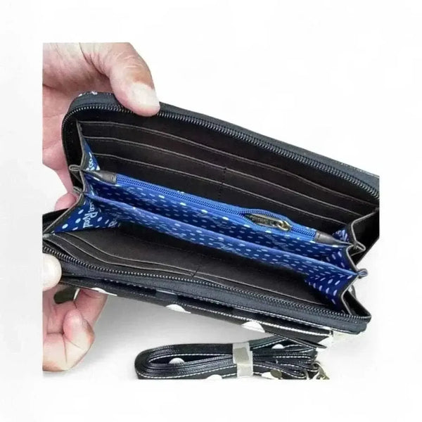 Cotton Road Sling Wallet black PVC with large white polka dots and removable shoulder strap