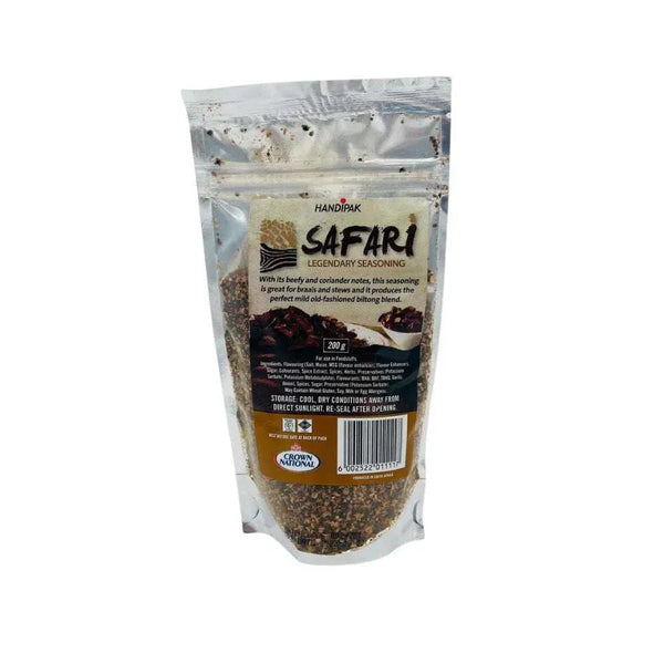Crown National Safari Biltong Spice 200g bag with seasoning blend for authentic South African biltong and meats