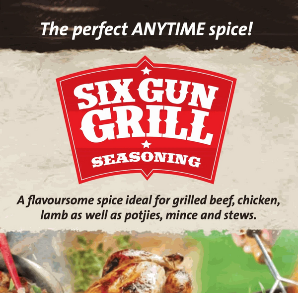 Crown National Six Gun Grill Spice 1kg tub package, ideal for enhancing grilled meats with a zesty flavor.
