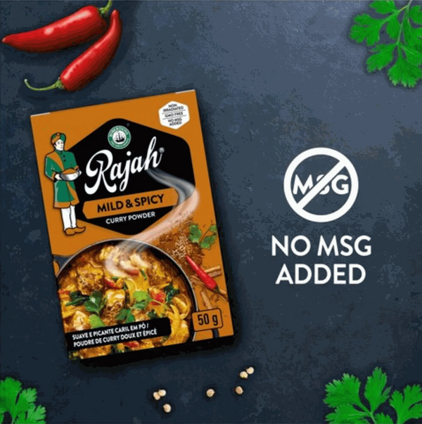 Rajah Curry Powder Mild & Spicy 50g pack with no MSG, authentic Indian spice blend for curries and meals