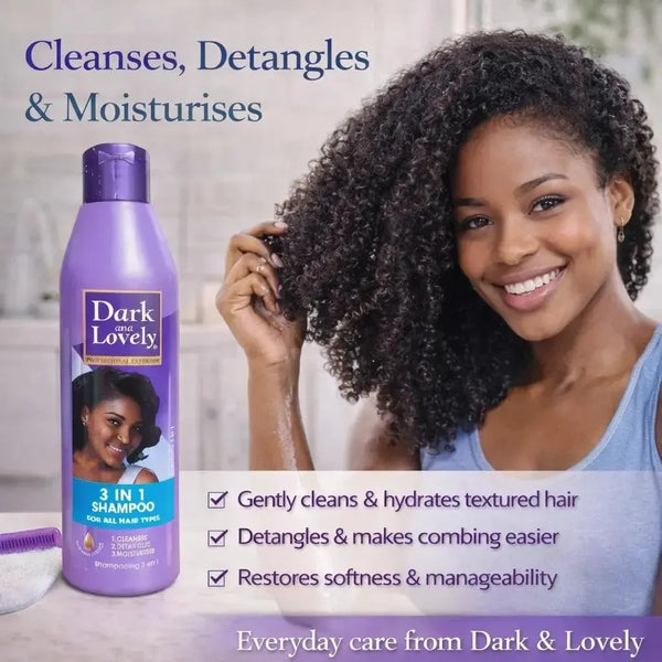 Dark & Lovely 3-in-1 Shampoo 250ml bottle for textured and curly hair, cleanses, detangles, and moisturizes