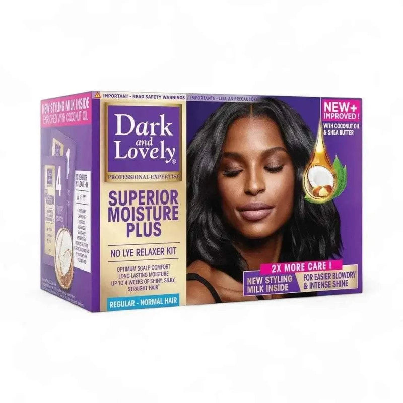 Dark & Lovely Superior Moisture Plus No Lye Relaxer Kit with coconut oil and shea butter for normal hair, delivering 4 weeks of shiny, silky, straight hair with scalp comfort and styling milk.