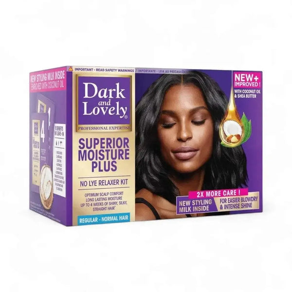 Dark & Lovely Superior Moisture Plus No Lye Relaxer Kit with coconut oil and shea butter for normal hair, delivering 4 weeks of shiny, silky, straight hair with scalp comfort and styling milk.