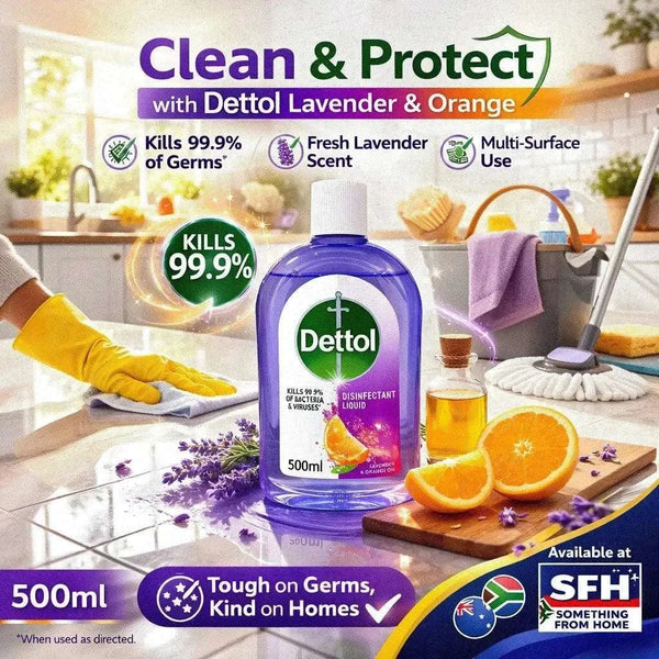 Dettol Disinfectant Liquid 500ml bottle with lavender and orange oil scent killing 99.9% bacteria and viruses