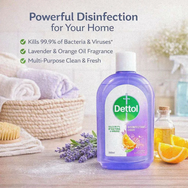 Dettol Disinfectant Liquid 500ml bottle with lavender and orange oil fragrance killing 99.9% bacteria and viruses