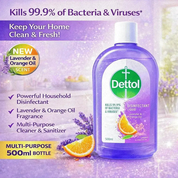 Dettol Disinfectant Liquid 500ml bottle with lavender and orange oil scent killing 99.9% bacteria and viruses for home cleaning