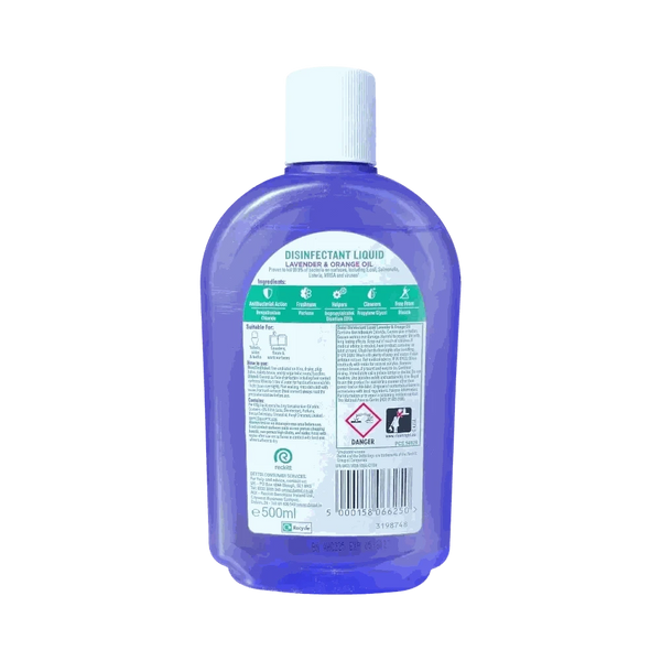 Dettol Disinfectant Liquid 500ml bottle with lavender and orange oil fragrance killing 99.9% bacteria and viruses
