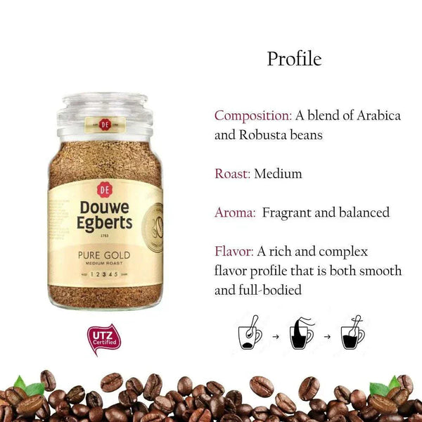 Douwe Egberts Pure Gold 200g instant coffee jar with medium roast and blend of Arabica and Robusta beans
