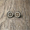 Earrings white circle with sunflower design 15mm diameter pair