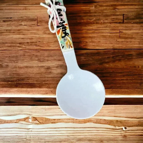 Enamel printed sugar spoon with wooden painted handle and Suikerbos Ek Wil Jou He text