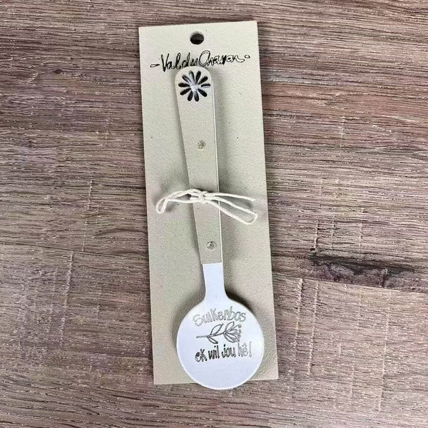 Enamel sugar spoon with wooden handle and laser engraved Suikerbos Ek Wil Jou He design