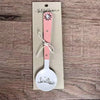 Enamel sugar spoon with wooden handle and farmhouse flower engraving