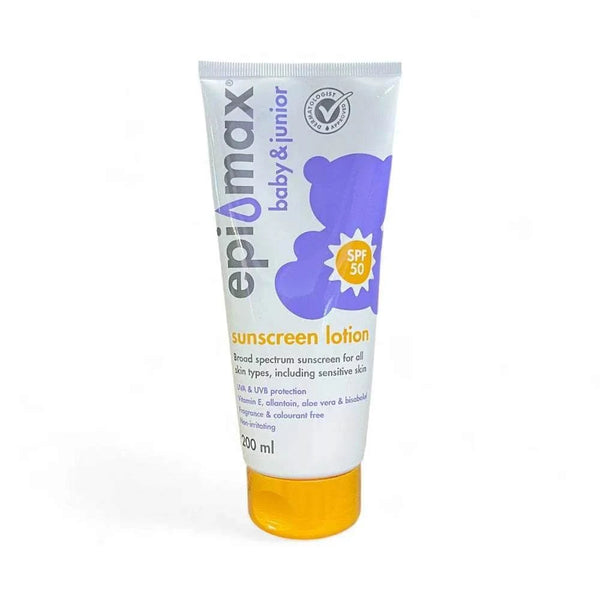 Epimax Baby & Junior Sunscreen Lotion SPF50, 200ml tube with SPF50 label, dermatologist-approved, suitable for sensitive skin, fragrance-free, water-resistant.