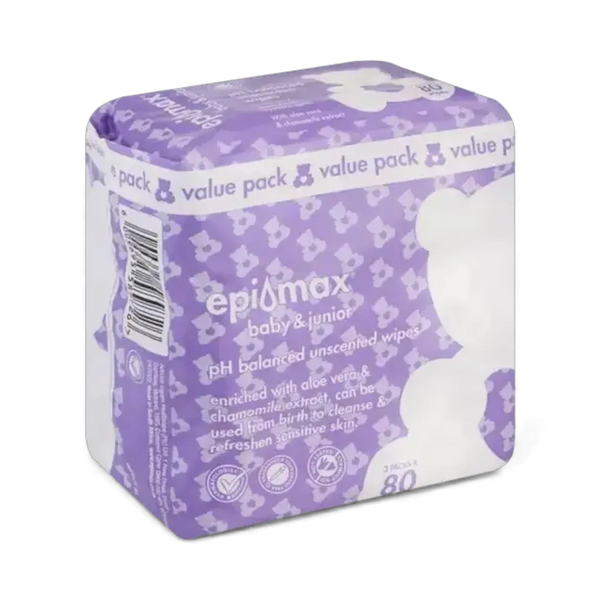 Epimax Baby Wipes 80's pack with pH balanced, unscented wipes enriched with aloe vera and chamomile for sensitive skin care