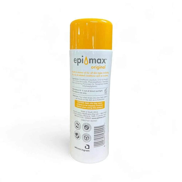 Epimax Original Bath & Shower Oil 250ml bottle for nourishing and hydrating skin.