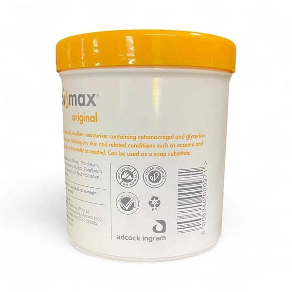 Epimax Original Body Cream Tub 400g with yellow lid, dermatologist-approved moisturizer for dry and sensitive skin.