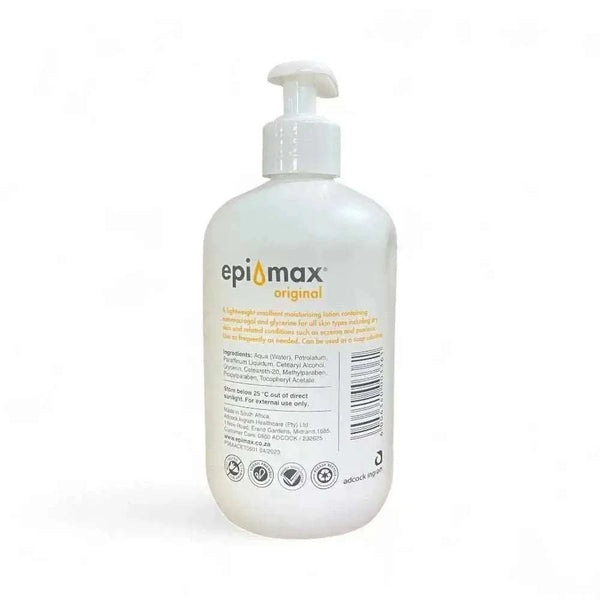 Epimax Original Body Lotion Pump 450ml for all skin types, fragrance-free, dermatologist-approved.