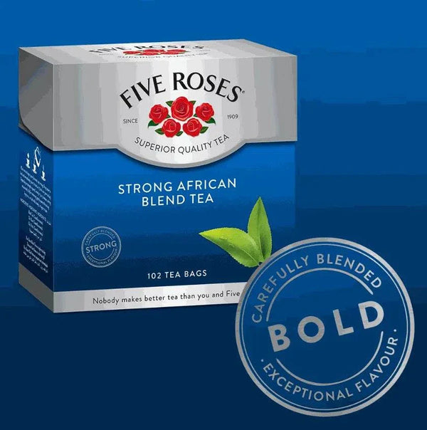 FIVE ROSES Tea African Blend BLUE pack with 102 tea bags, showcasing its bold flavor and African-inspired design.