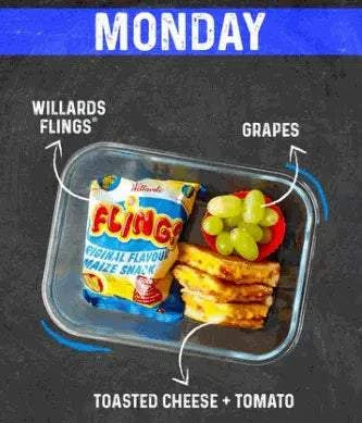 Willards Flings savory maize snack with toasted cheese, tomato, and grapes on a blue plate representing a Monday meal