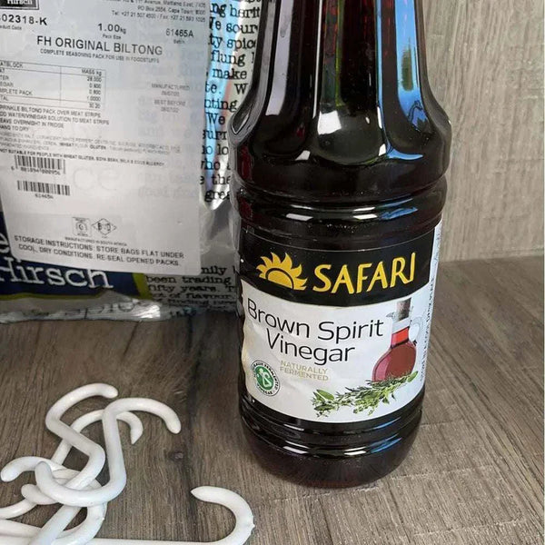 Safari Brown Spirit Vinegar bottle with Biltong hooks and Freddy Hirsch Original Biltong Spice packet for making your own biltong